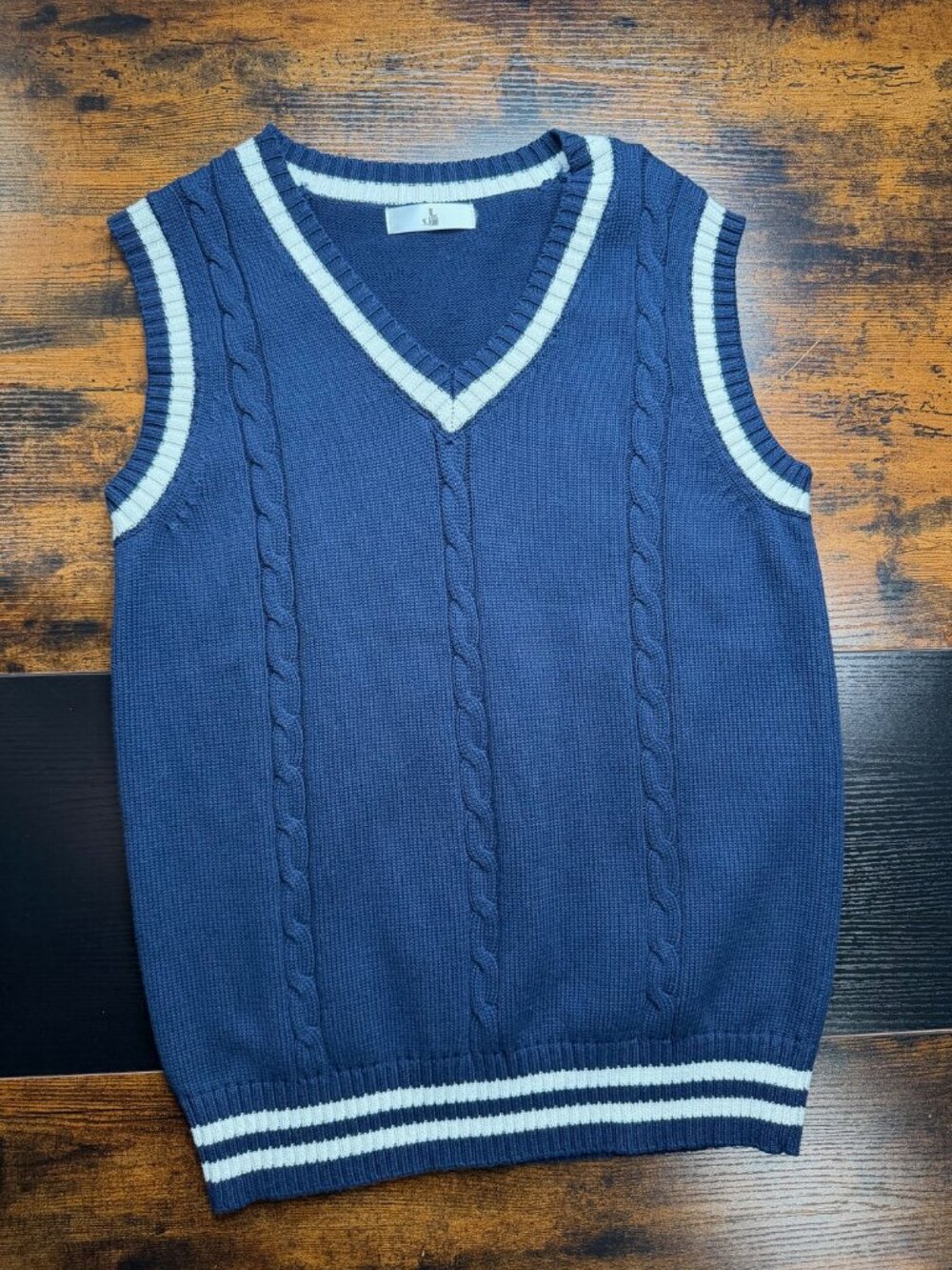 🌴 JK Navy Blue Cable Knit Striped V-Neck Varsity Sweater Vest